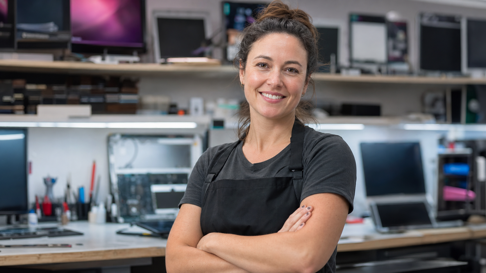 Portrait de Laura Gauthier, fondatrice d'écran.click, dans son atelier de réparation d'écrans à Saint-Nazaire